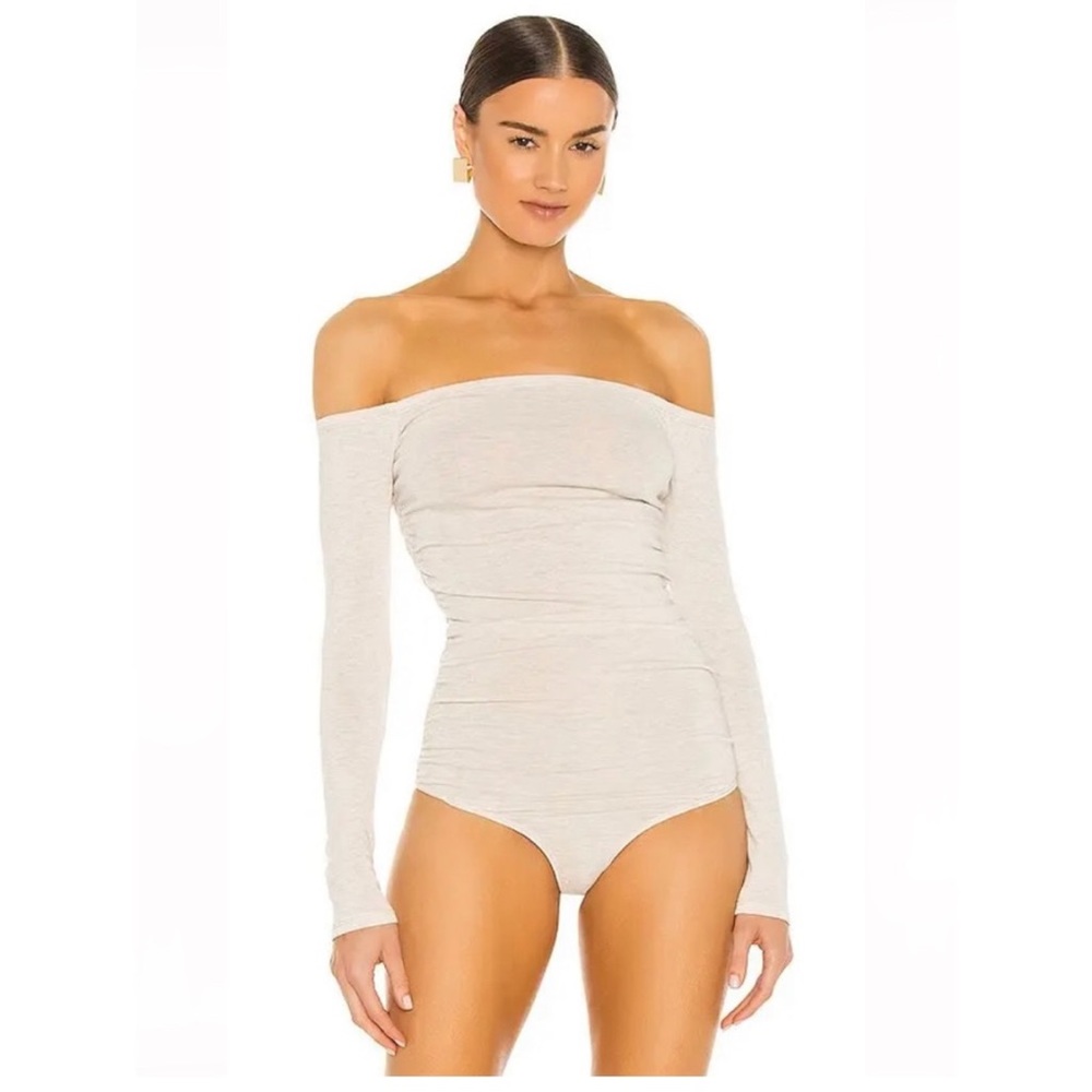 Michael Costello x REVOLVE Jace Off Shoulder Bodysuit in Oatmeal